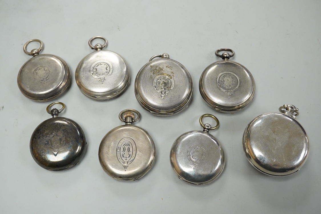 Seven assorted mainly early 20th century silver open faced pocket watches including Kendall & Dent, case diameter 51mm and Waltham, together with a late Victorian silver hunter pocket watch(a.f.).